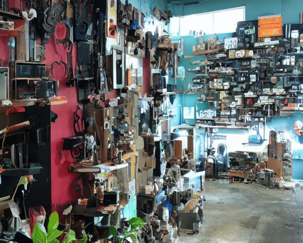 Cluttered repair shop with tools, parts, plant, workstations