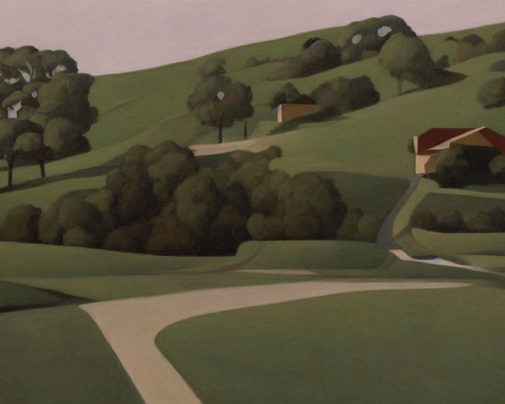 Tranquil landscape with rolling hills, trees, red-roofed house, and winding paths