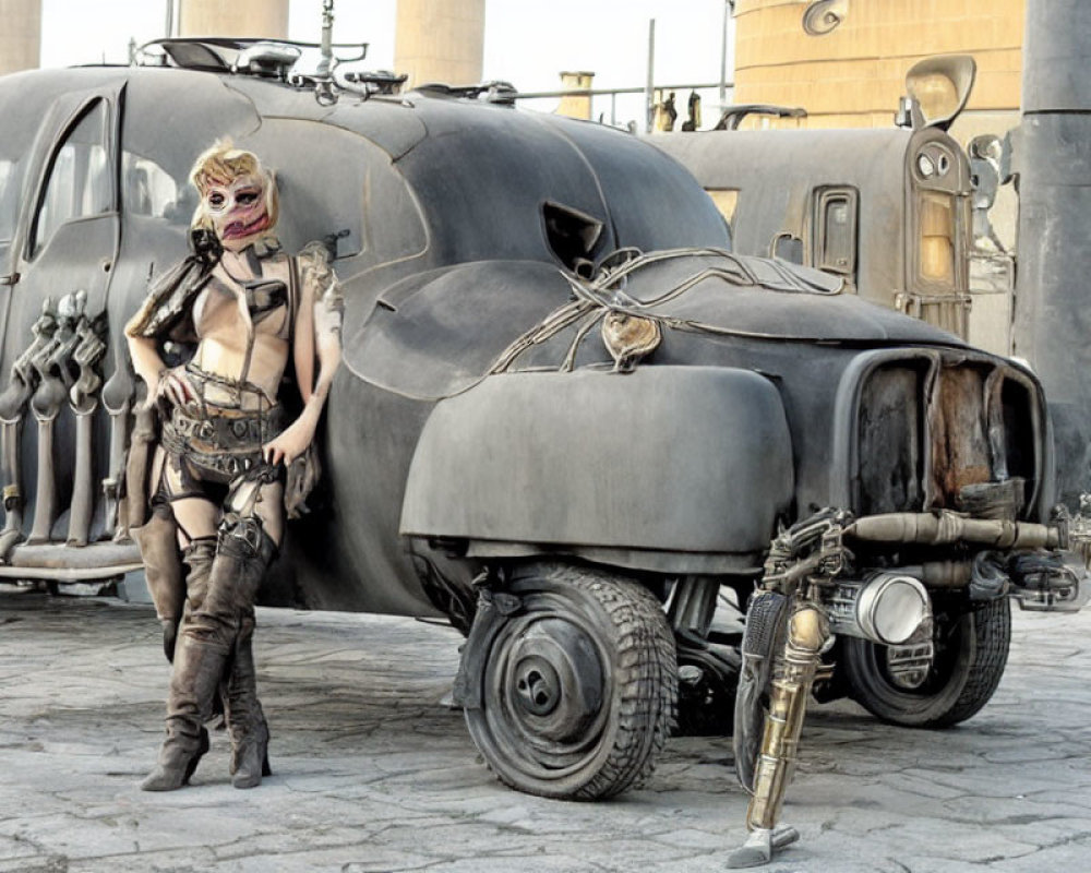 Post-apocalyptic figure with futuristic vehicle in desolate setting