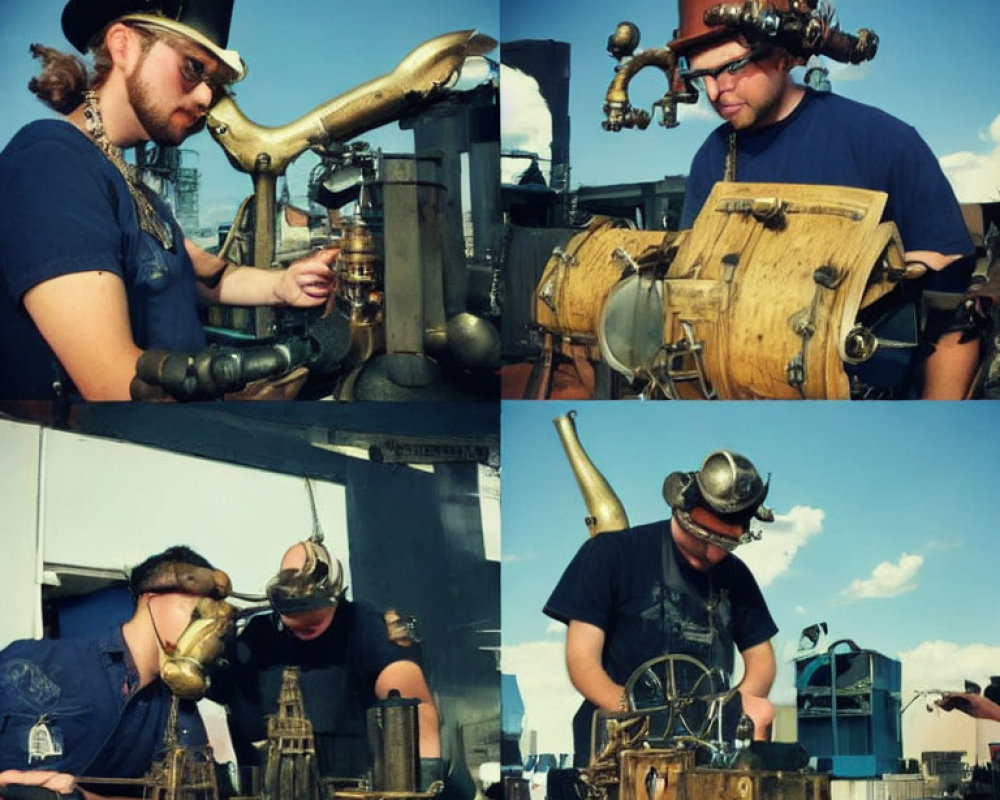 Steampunk man in top hat and goggles crafting outdoors