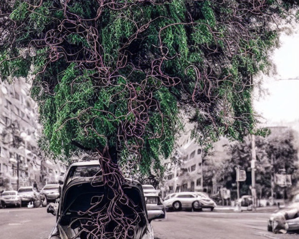 Vehicle covered in greenery parked on city street with open hood blending with tree.
