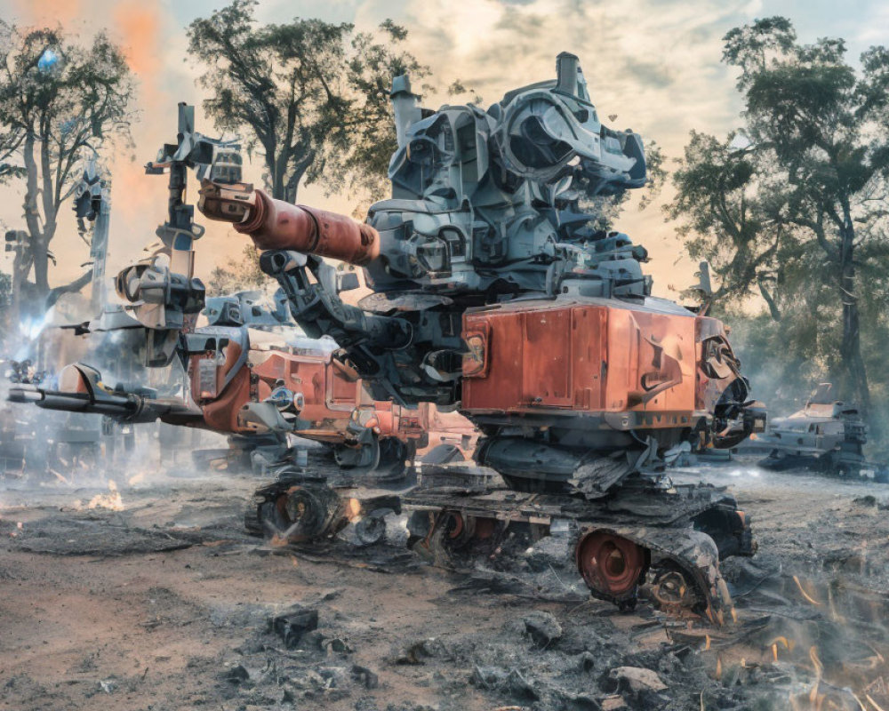 Futuristic robot with heavy armor in battle-scarred landscape