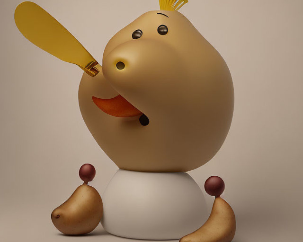 Whimsical character with beige egg-shaped body and wooden spoon