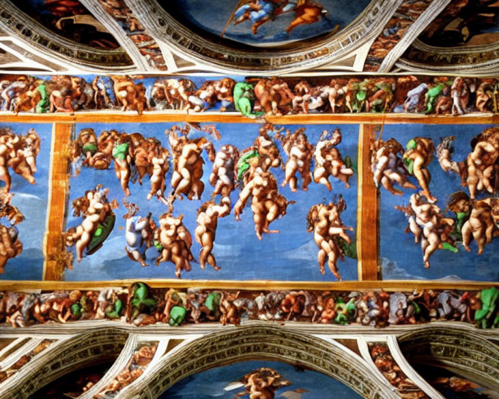 Vibrant biblical scenes on frescoed ceiling with ornate details