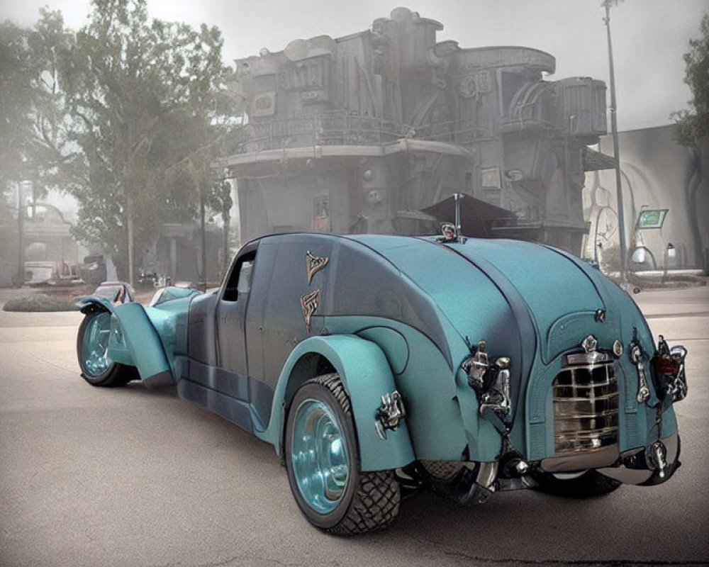 Custom retro-futuristic teal car with exposed engine elements and chrome accents in industrial setting