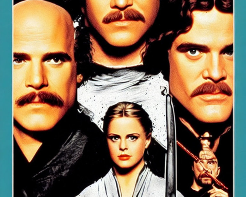 Movie poster montage: woman with sword and intense men with mustaches