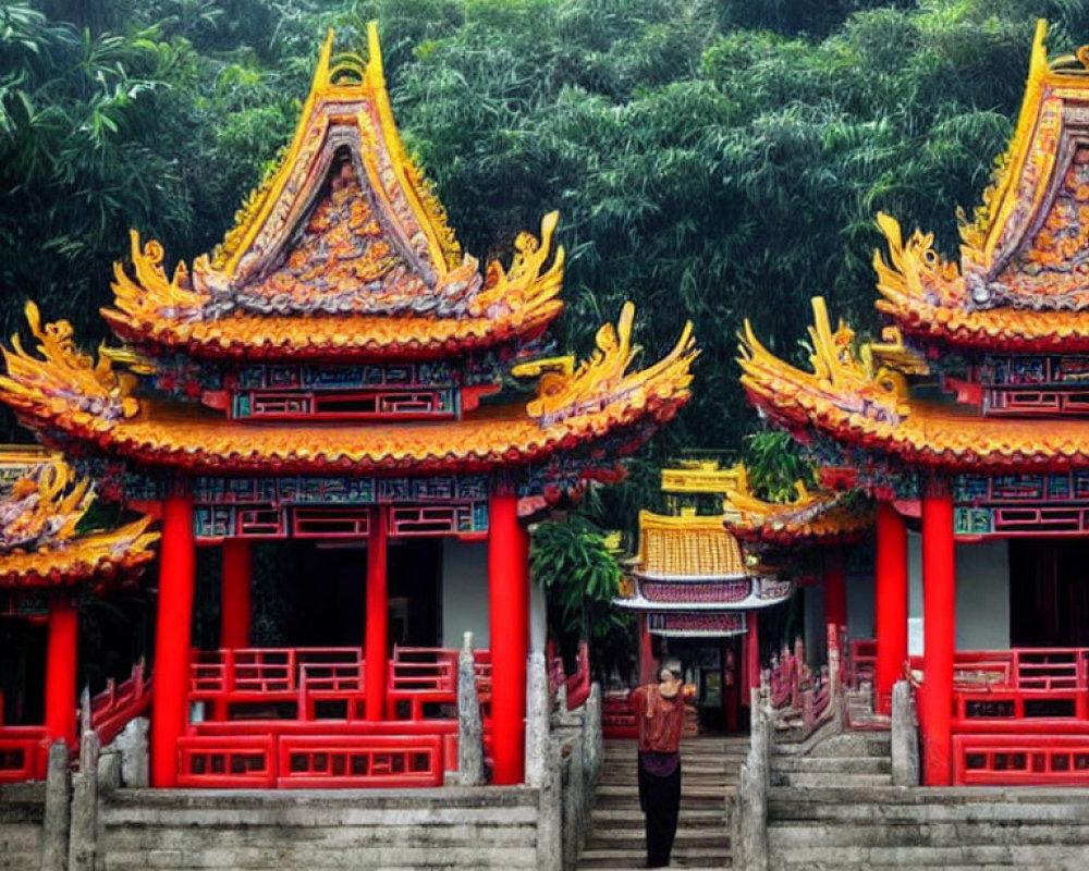 Traditional Chinese temples in vibrant red and yellow amidst lush greenery