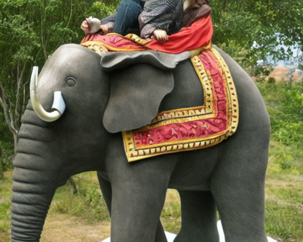 Two people smiling on life-size elephant statue with decorative blanket.