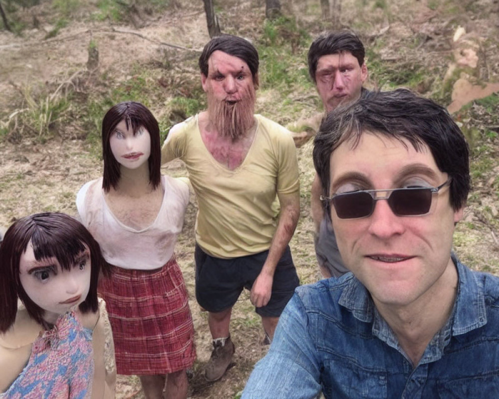 Group selfie with four people and lifelike dolls in wooded area