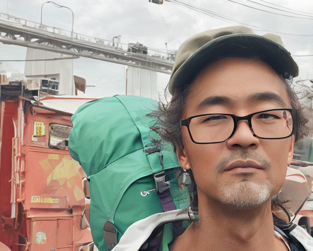 Person with Glasses and Green Backpack in Urban Setting with Bridge and Cable Car