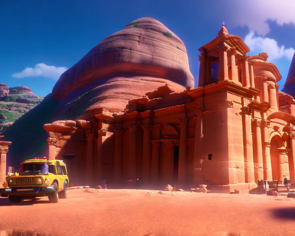 Yellow off-road vehicle parked in front of ancient rock-cut facade with Corinthian columns