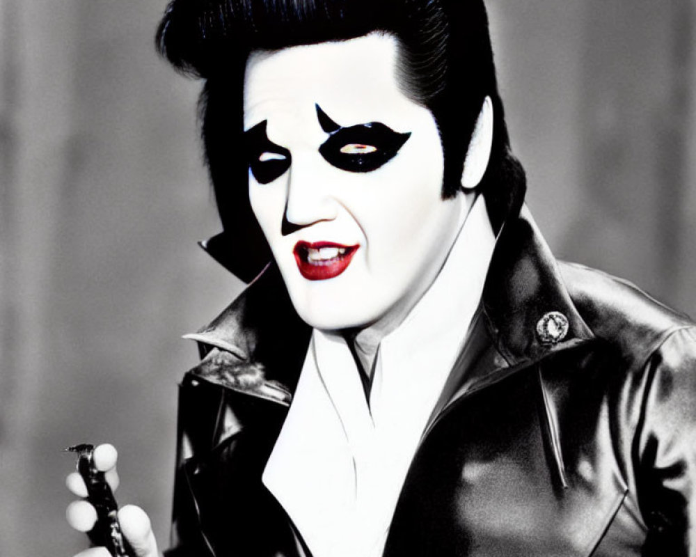 Stylized portrait of a person with Elvis-like hairstyle and 'Kiss' band makeup holding sunglasses
