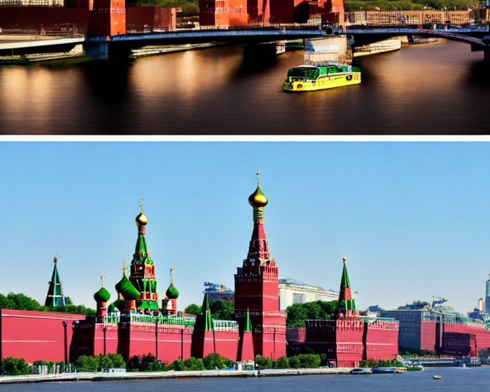 Split-view image: Kremlin architecture by day and reflection at dusk