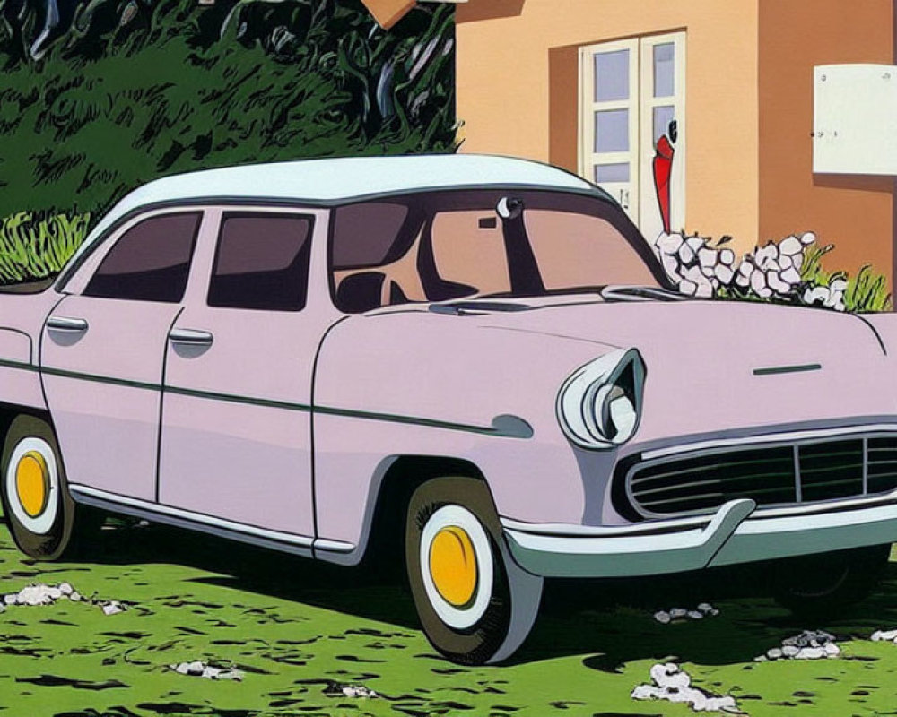 Vintage Pink Car Parked by Greenery in Stylized Animation