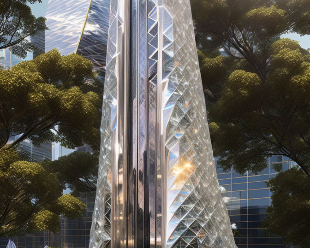 Futuristic crystal-like skyscraper in lush greenery with modern buildings in background