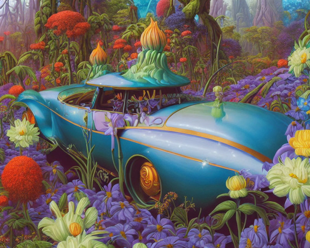 Blue classic car surrounded by vibrant oversized flowers in lush forest landscape