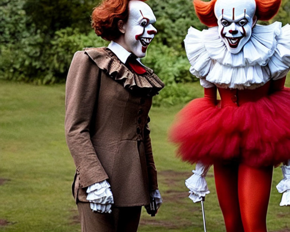 Two Clown Costumes with White Makeup and Red Features Outdoors