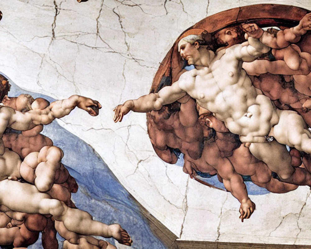 Muscular male figures reaching out in fresco segment