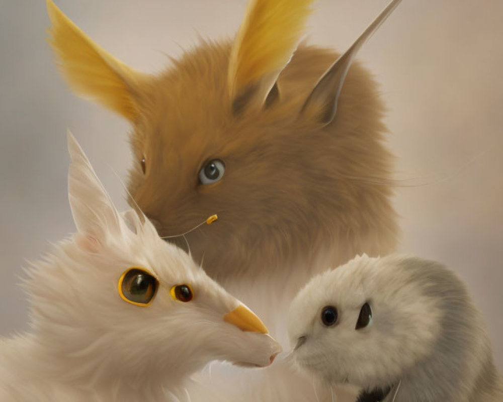 Three Fantasy Creatures: Orange, Horned White, Small White with Piercing Eyes