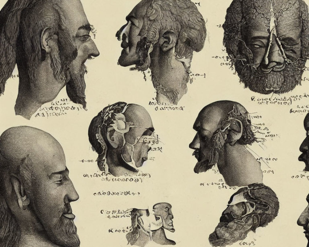 Detailed Vintage Illustration of Human Head Profiles with Annotations