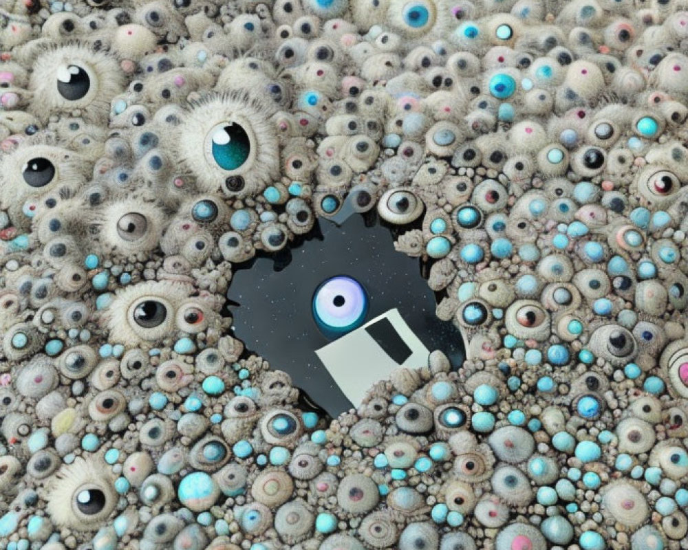 Surreal composition featuring numerous eyes of various sizes and colors around a central void.