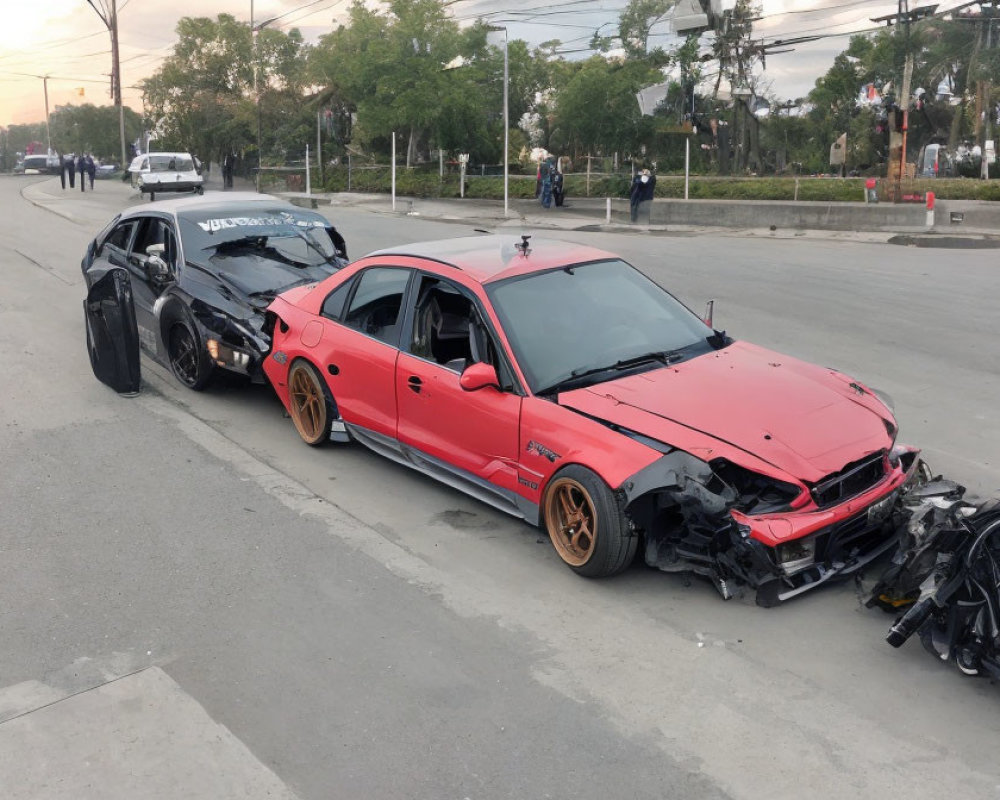 Heavily damaged black and red cars in accident scene with bystanders