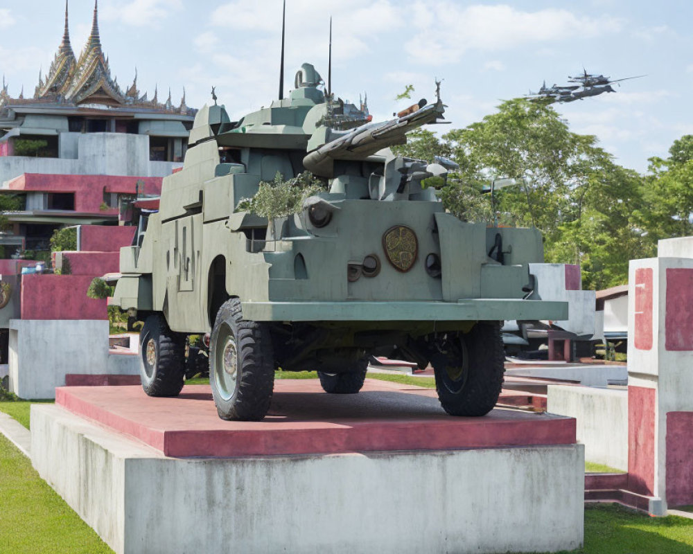 Armored military vehicle, helicopters, and traditional architecture under blue sky