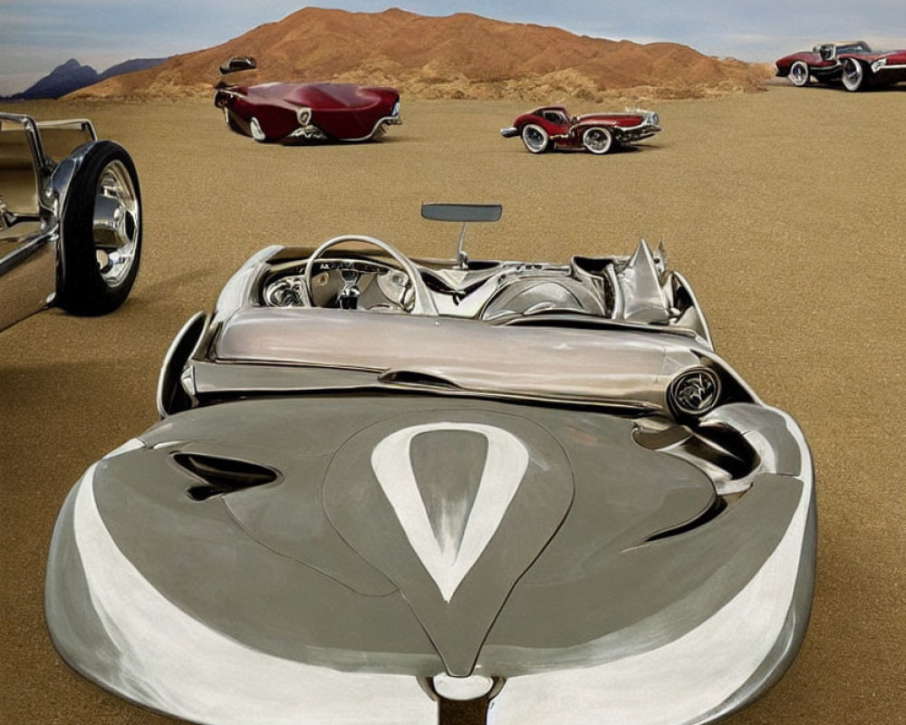 Vintage Cars in Unique Designs on Desert Landscape with Mountainous Backdrop