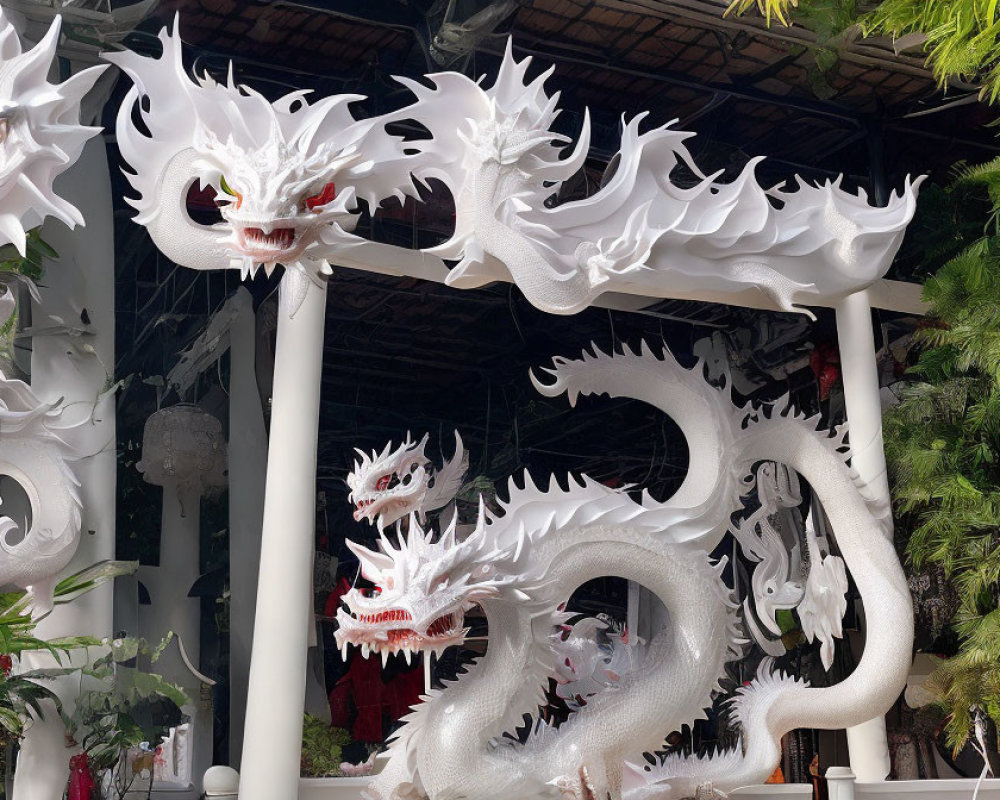 White Sculptural Dragon with Multiple Heads and Fierce Expressions in Pavilion Setting
