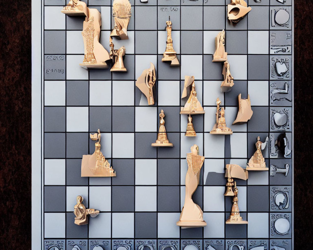 Chessboard with Unique Two-Toned Pieces in Classical and Abstract Styles