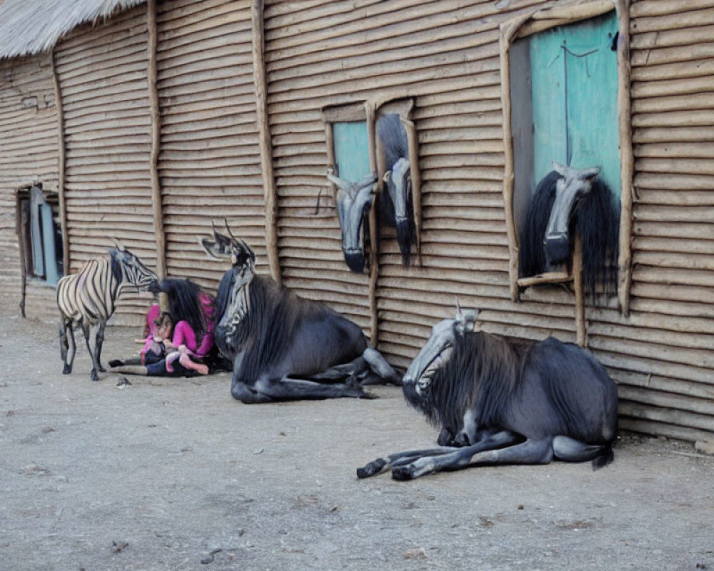 Child with wildebeests, zebra, and animal trophies in rustic setting