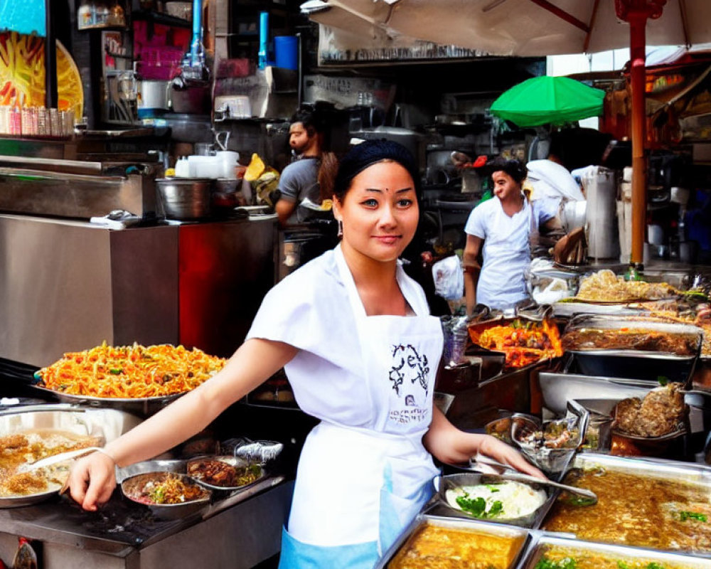 Woman at Colorful Street Food Stall Smiling