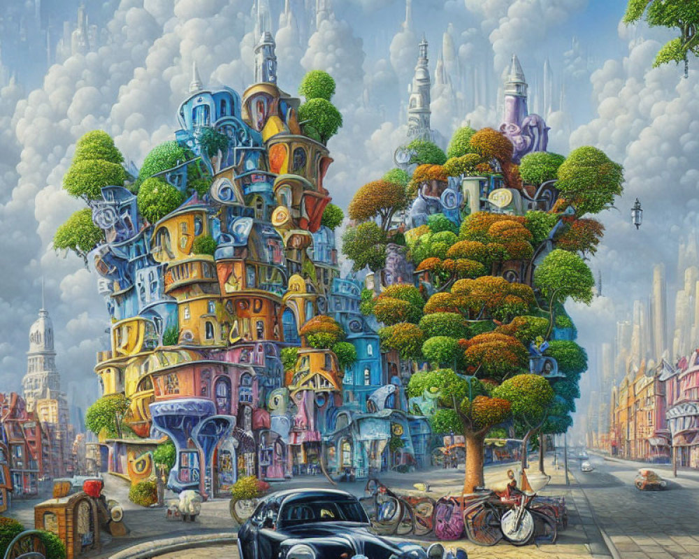 Colorful painting of whimsical tree structure with houses and turrets in lush greenery under cloudy sky