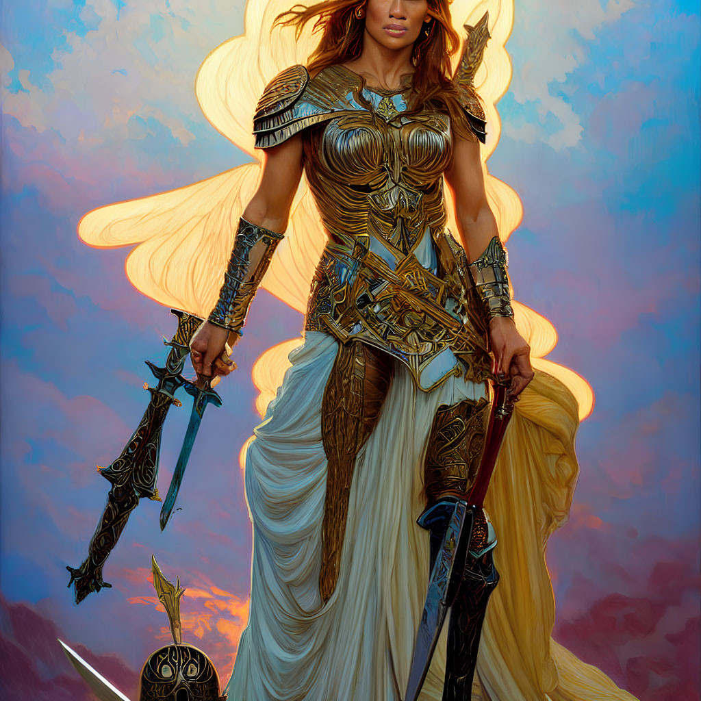 Female warrior in golden armor wields swords with angelic wings