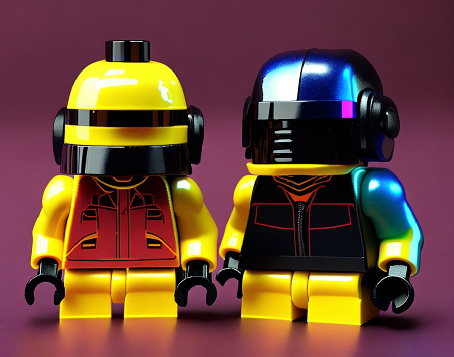 Space-themed LEGO minifigures in yellow and black helmets on purple backdrop