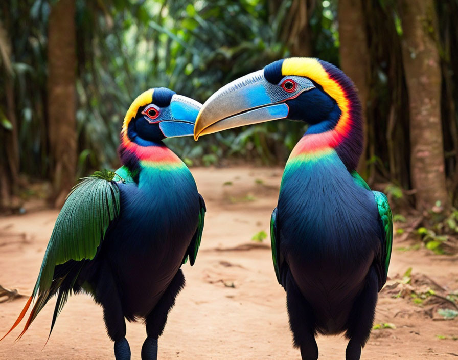 Colorful toucans displaying vibrant feathers in tropical forest.