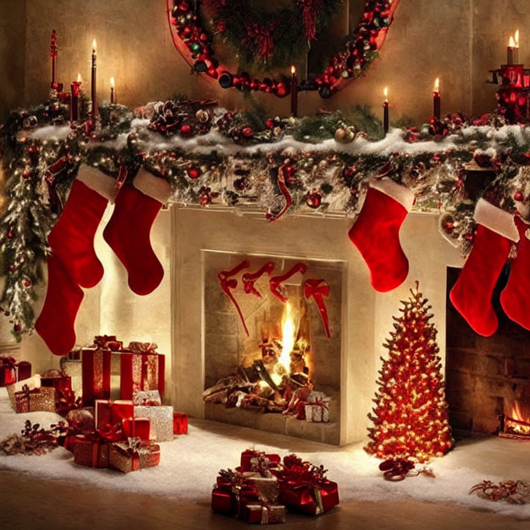 Festive Christmas scene with fireplace, stockings, gifts, tree, and candles