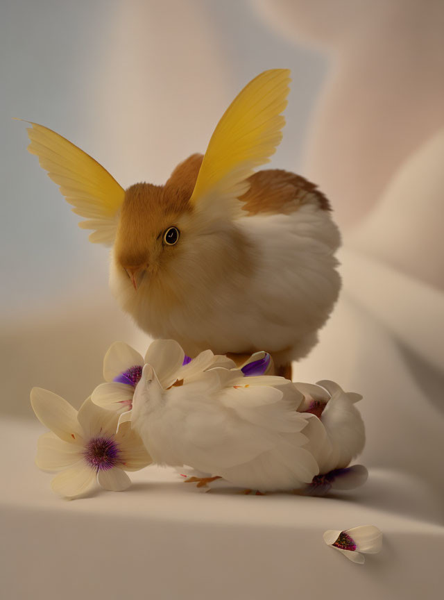 Unique creature with bird body, rabbit head, and butterfly wings near flowers
