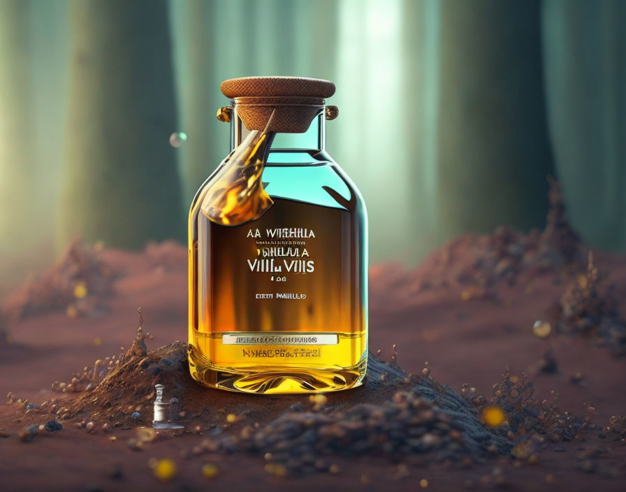 Golden liquid in sealed glass bottle on dirt surface with forest background.