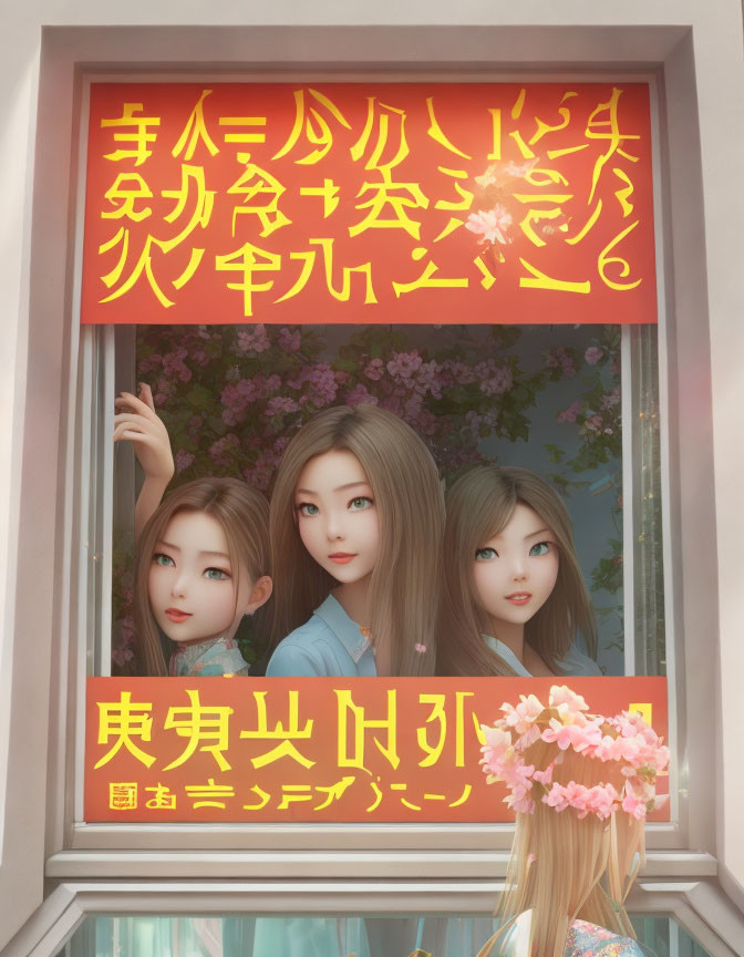 Illustrated Female Characters at Window with Pink Flowers & Japanese Text for Beauty Salon