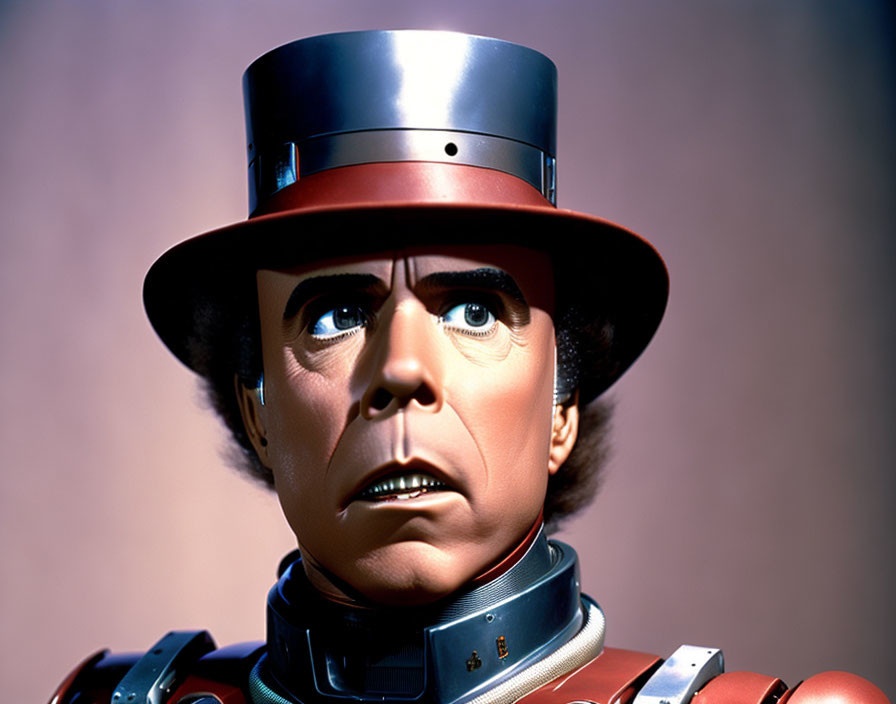 Retro robot with human-like face in top hat