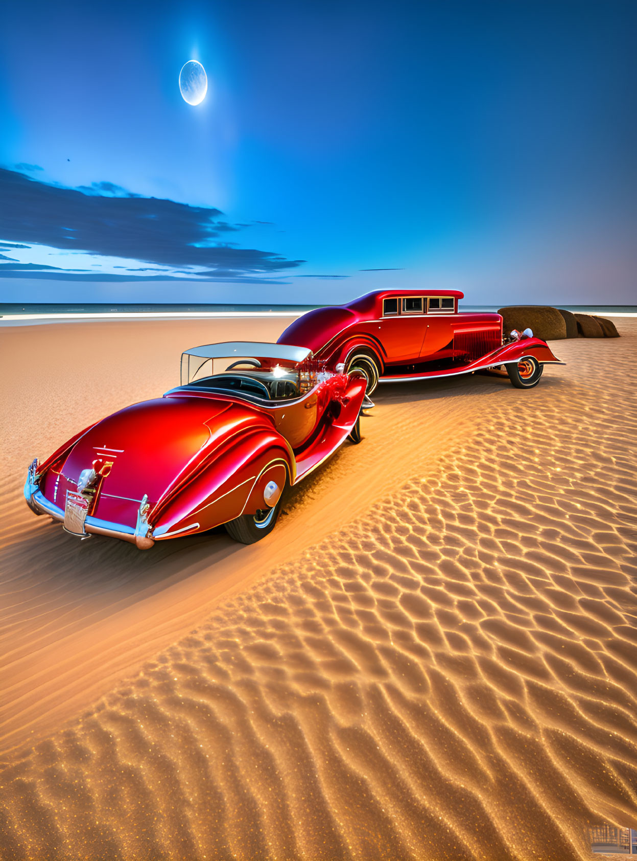 Red Duesenberg parked on a faintly moonlit beach