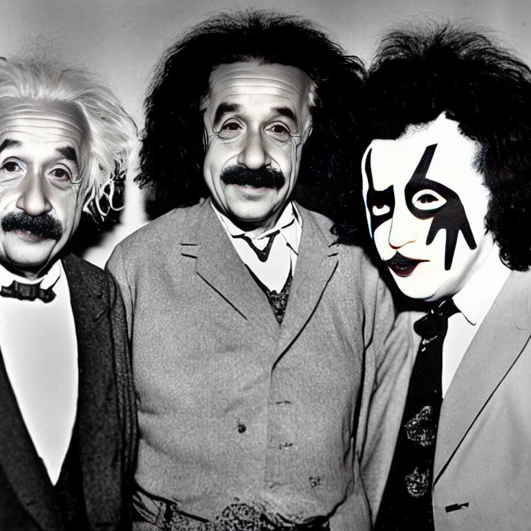 Impersonators of Einstein, Groucho Marx, and KISS member in black and white photo