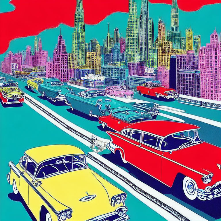 Vibrant vintage cars on multilane road with city skyline in bright colors