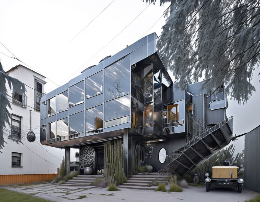 Reflective Glass Facade Modern Two-Story House with Black Metal Stairs, Trees, and Vintage