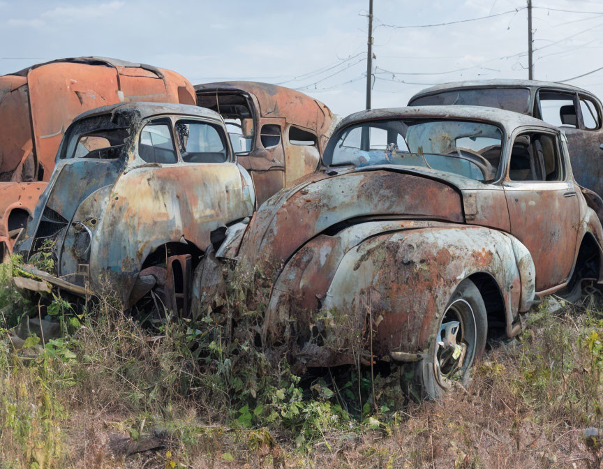 Abandoned vintage cars with peeling paint in a rusty junkyard