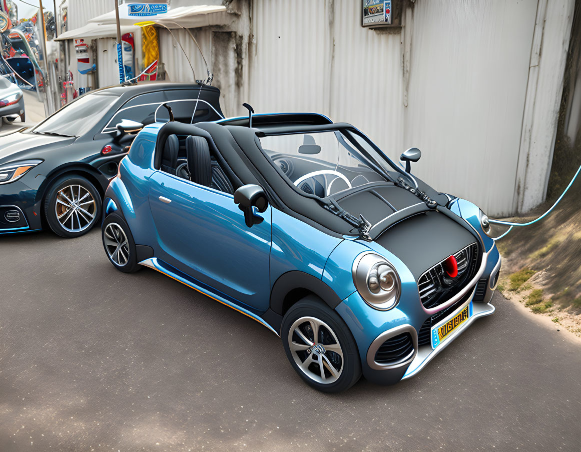 Blue Electric Convertible Car Charging at Station with Black Stripe