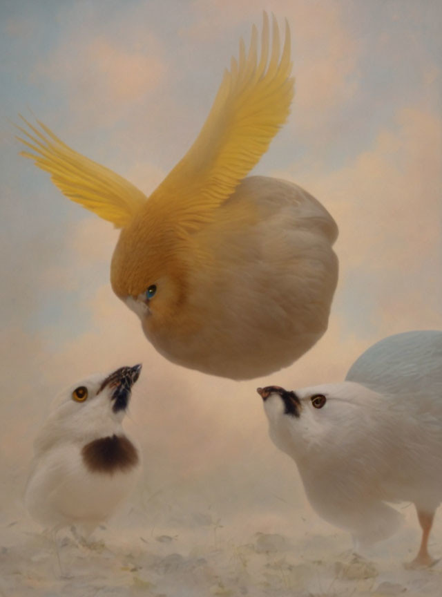 Fluffy bird with lion head flying over fluffy birds with cat faces