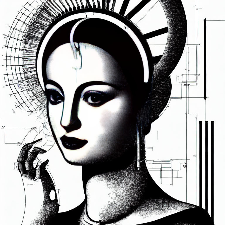 Monochromatic art deco portrait with halo headpiece and geometric backdrop