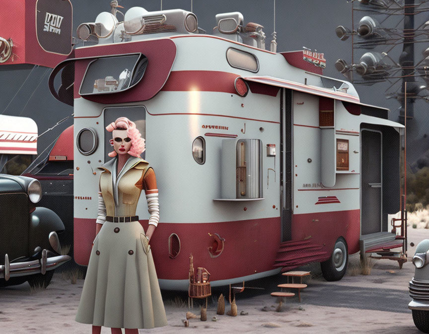 Vintage 50s scene with woman in front of caravan & retro cars